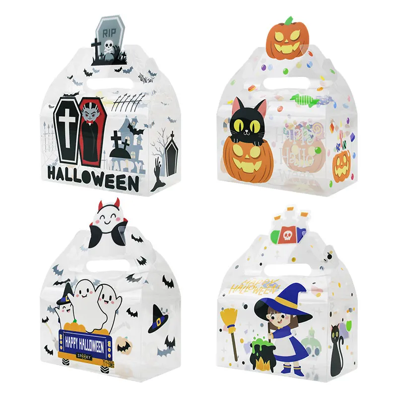 12 Stück neue Halloween-Geschenkboxen aus transparentem PVC mit 4 gruseligem Design (Kaffee, Vampir, Kürbis, Fledermaus, Zauberer) – Gothic-Partygeschenke