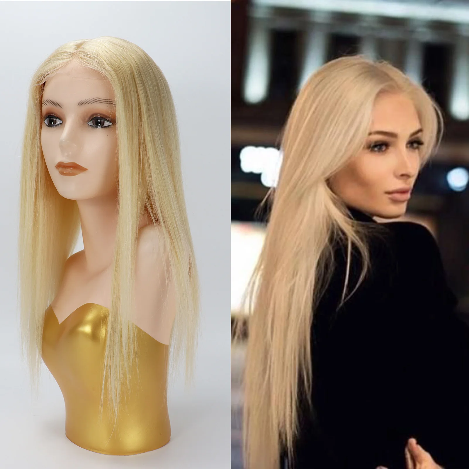 

30" Long Human Hair Silk Base Topper Ash Blonde #613 Big Size 8x9" Silk Top Remy Hair Cover Closed Weft Lace Front with Clips