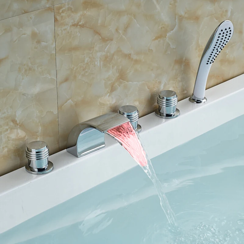 

Bathroom Bathtub Faucet Set with Handheld Shower 5 Hole Roman Tub Faucet Set Deck Mount Bath Tub Faucet with Hand Shower Chrome