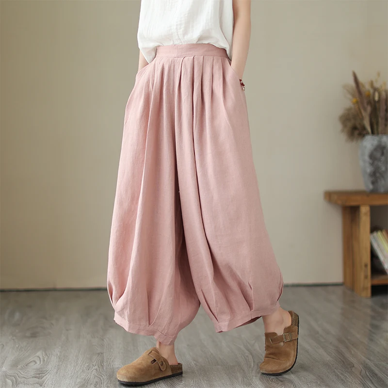 

2023 New Arrival Summer Arts Style Women Cotton Linen Ankle-length Pants Casual Loose Elastic Waist Wide Leg Pants V318