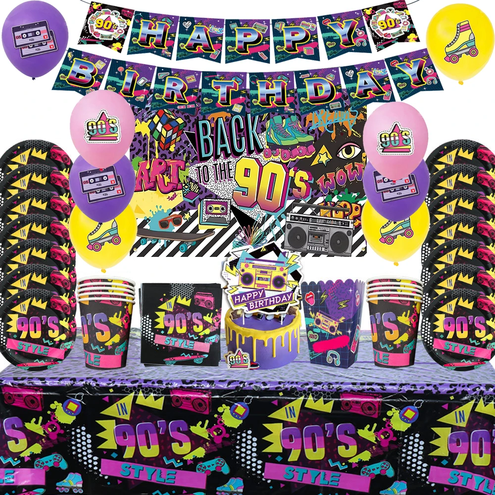 Back To The 90's Theme Retro Style 90's Disco Party Disposable Tableware Balloons Graffiti Neon Glow Banner Cake Topper Props