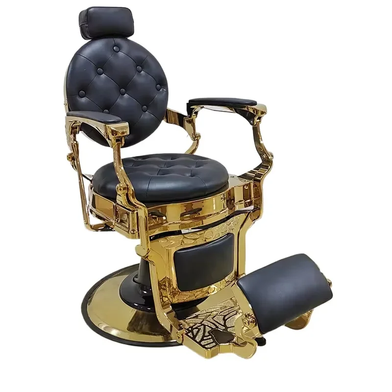 

Черное золотистое парикмахерское кресло в античном стиле с гидравлическим механизмом, кожаной обивкой и поворотным основанием, регулируемое по высоте - для гидротерапии