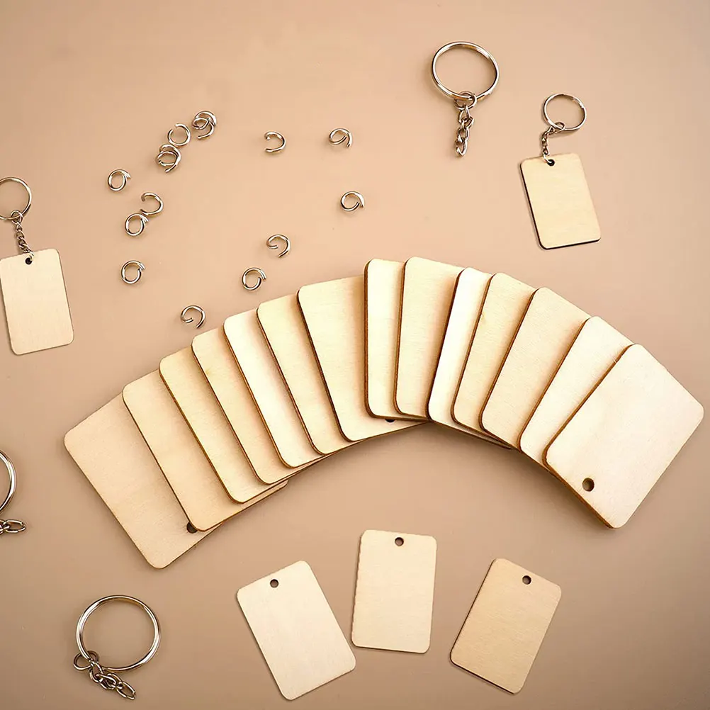 

60pcs Diy Blank Wooden Keychain Pendants Sturdy Durable Iron Wood Material For Kids Doodle Writing Crafts Diy Keyring Pendant