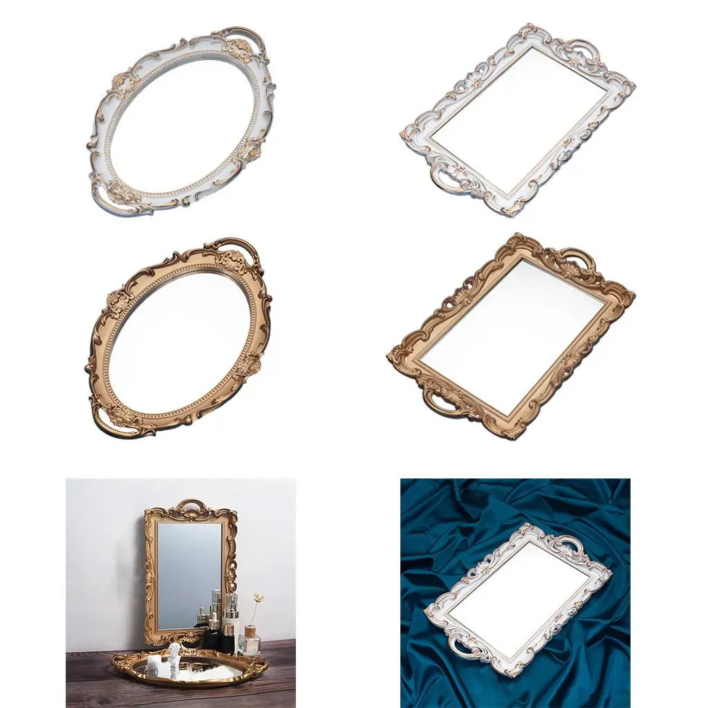 Retro Gold Mirror Plate Cosmetic Storage Tray Decorative Tray for Wedding Makeup Display