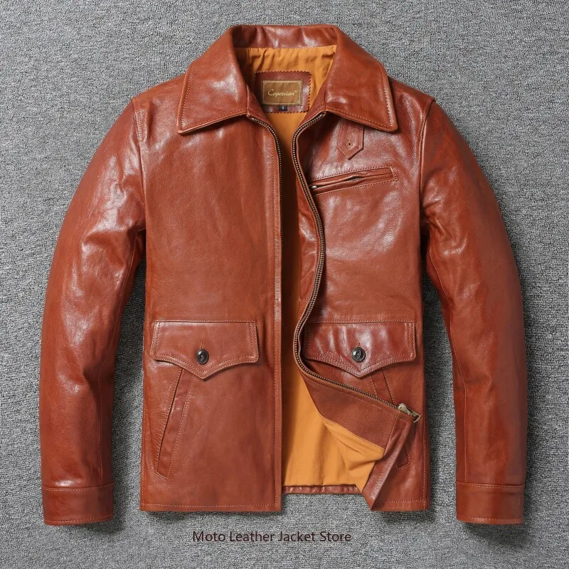 

New Orange Red Goatskin Leather Jacket, Men's Slim Fit Lapel Newsboy Vintage Style Genuine Leather Coat