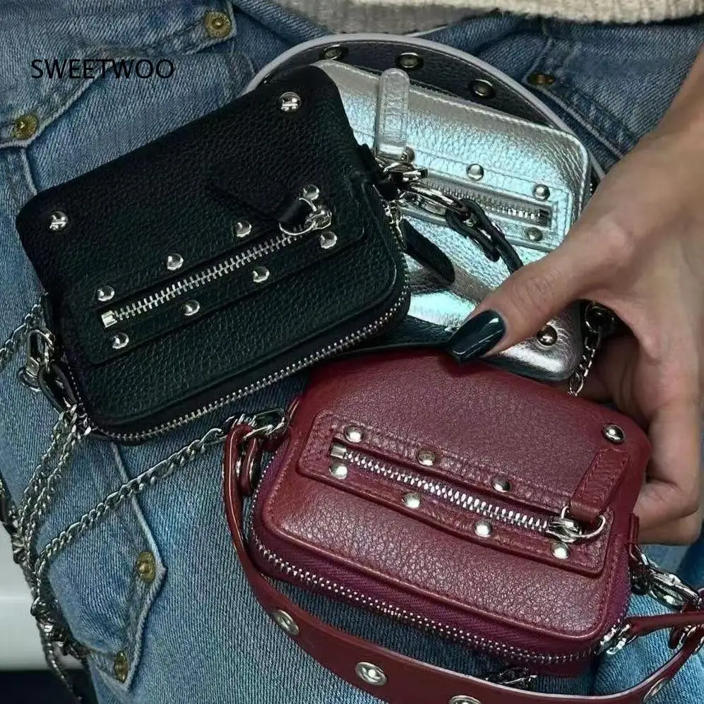 Multi Color Leopard Print Rivet Mini Crossbody Bag Metal Chain Strap Zipper Small Square Shoulder Bag for Street Punk Style