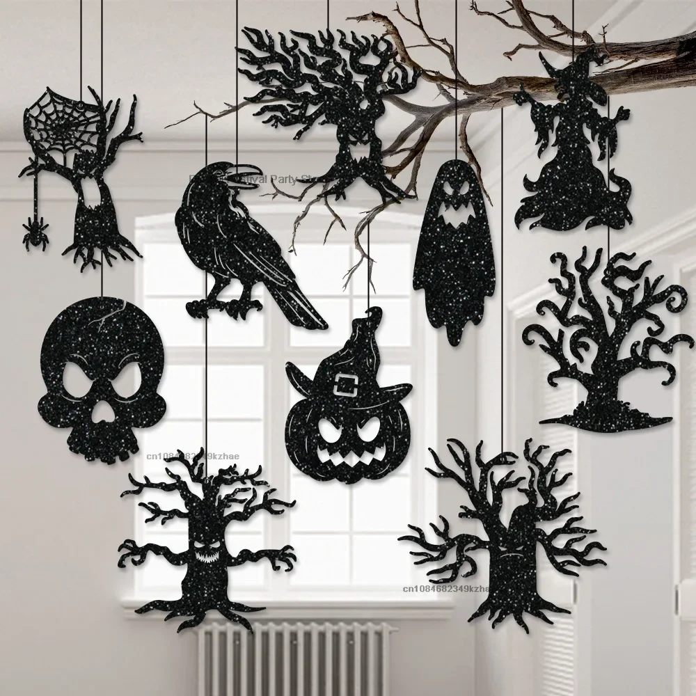 10 pçs halloween pendurado banner guirlanda assustador aranha bruxa fantasma morcego pingente ornamento feliz decorações de festa de halloween para casa