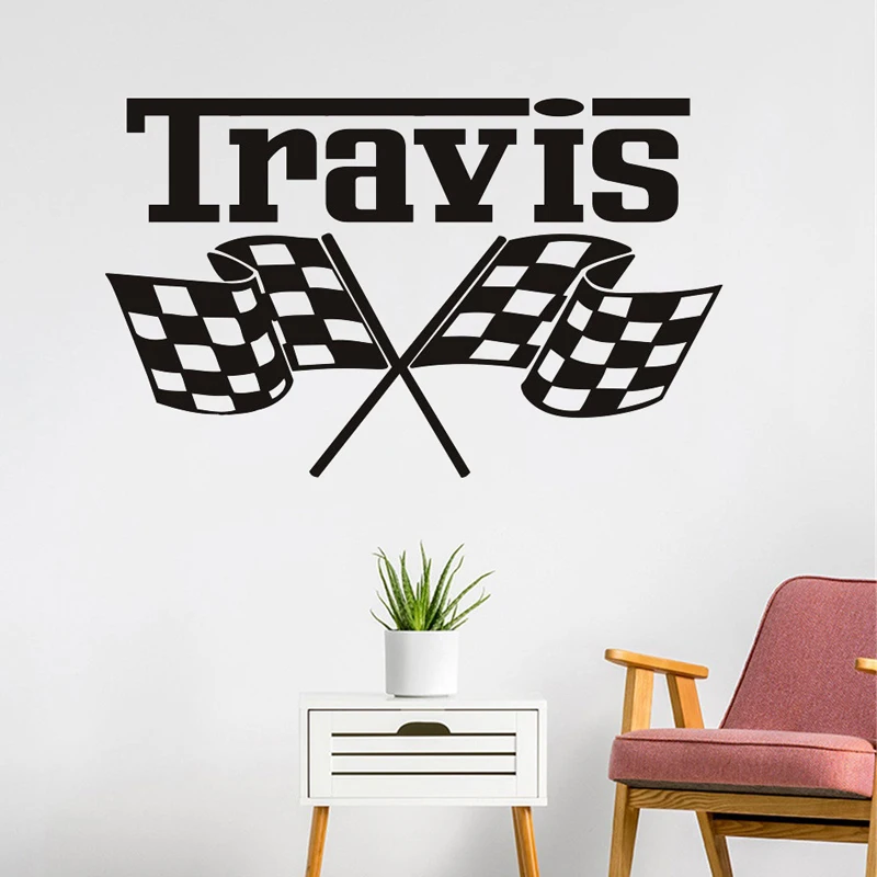 Custom Name Vinyl Wall Sticker Racing Car Flag Boy Room Kids Bedroom Decor Personalized Checkered Flags Mural Race