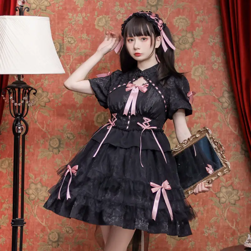 

Halloween Vintage Lolita Dress Women Gothic Y2k Puff Short Sleeve Laminated Flounces Mini Dresses Bow Ruffles Princess Vestidos