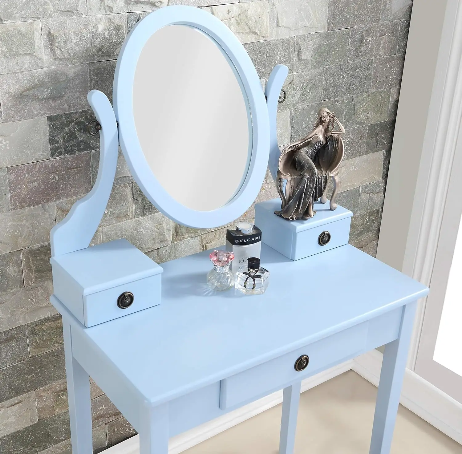 Wood Makeup Vanity Table and Stool Set, Blue Set includes Vanity table, mirror and stool, 3 storage drawers 2025 USA