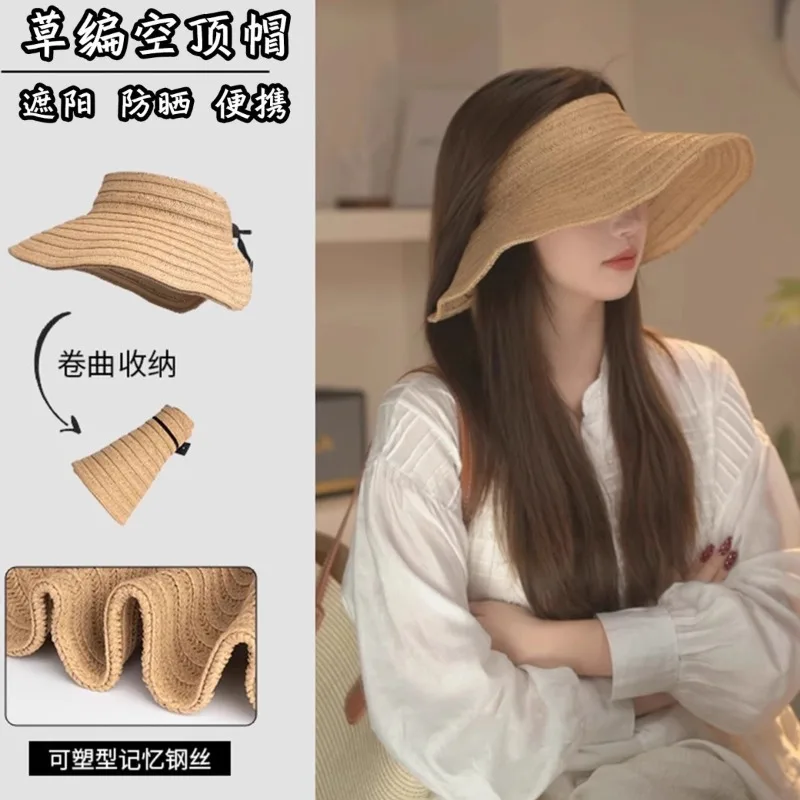 Breathable sunshade empty top hat straw woven sunscreen hat big edge headband sun hat hollow outdoor