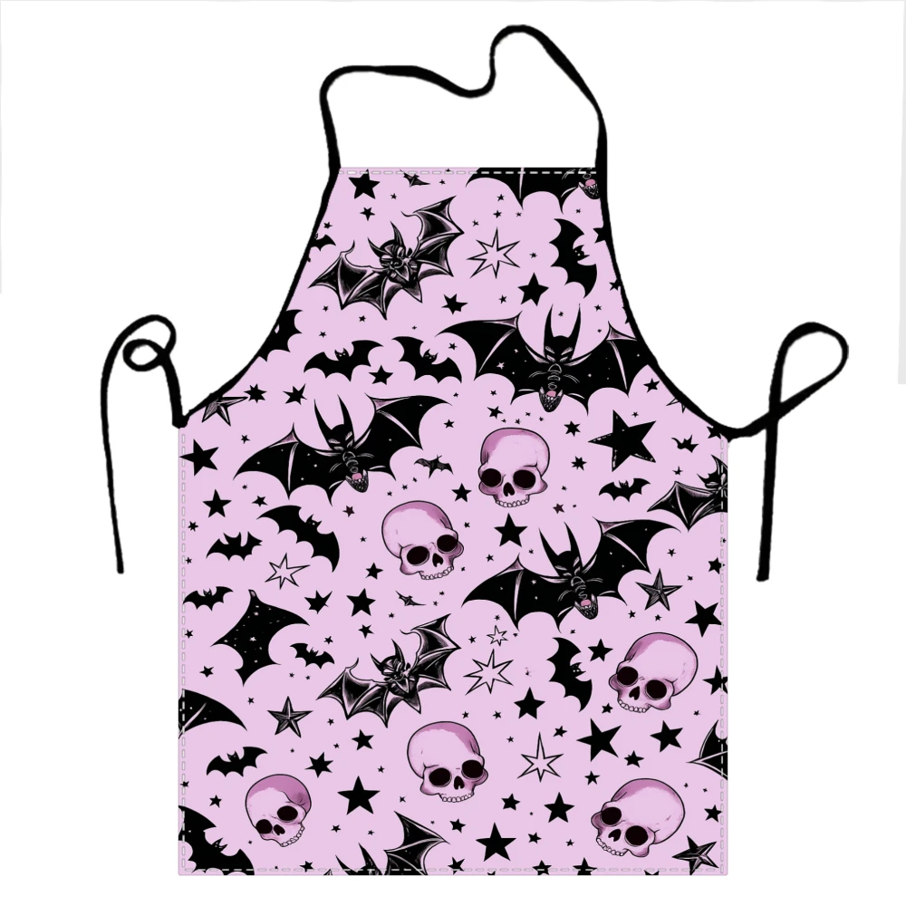 Halloween Skull Bat Star Spooky Pink Black Apron Baking Apron with Santa Hat & Plaid Scarf Design7.23