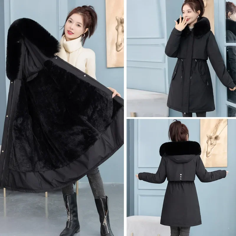 Women Winter Jacket Parka Clothes Loose Long Coat Wool Liner Hooded Jacket Fur Collar Warm Thick Snow Wear Oversize Padded Parka