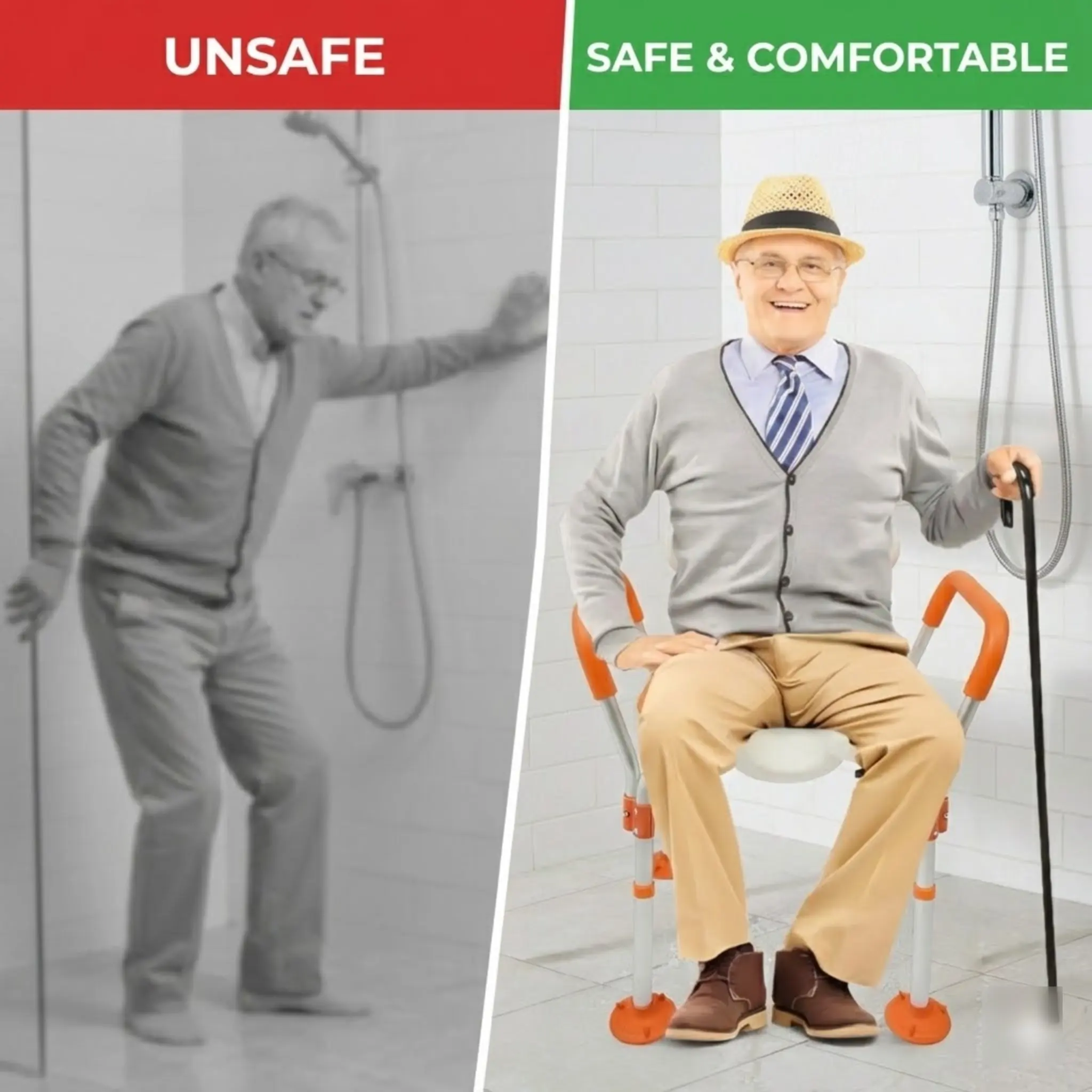 كرسي استحمام من الألومنيوم مع ظهر وأذرع قابل للتعديل بارتفاع غير قابل للانزلاق لكبار السن والمعاقين