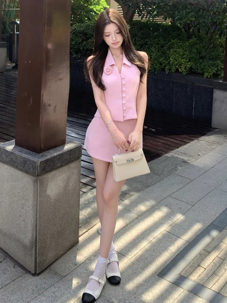 Vrouwen Roze 2-delige set Sexy V-hals Mouwloos Vest + Hoge Taille A-lijn Minirok Mode Y2K Zomerpak Dames Elegant Trendy