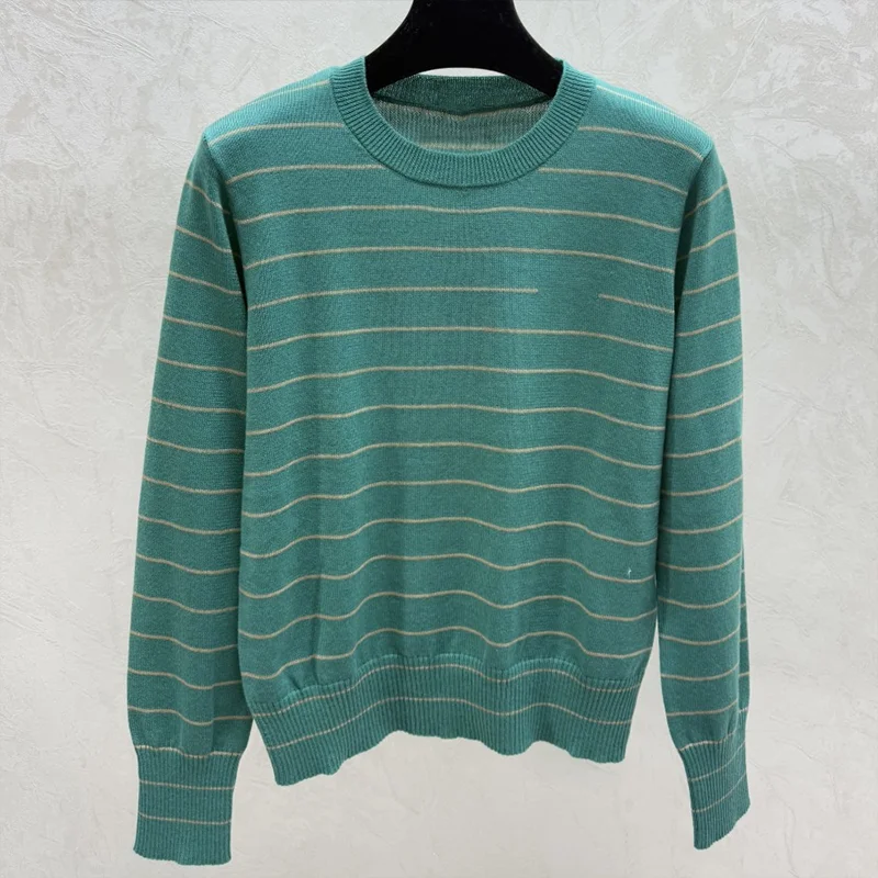 Jersey de cuello redondo para mujer con rayas de colores contrastantes de alta calidad para otoño e invierno 251206145