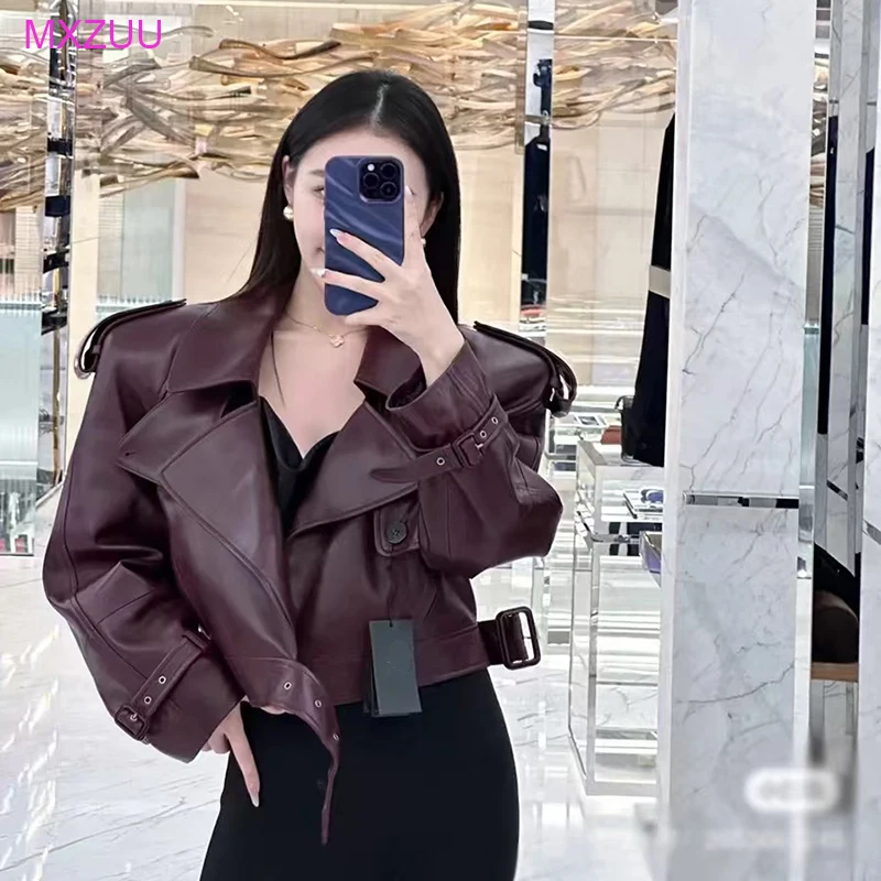 Sheepskin Coat Women Luxury Designer Autumn Classic Claret Large Lapel Wide Shoulder Ultra-Short Real Leather Jacket Windbreaker