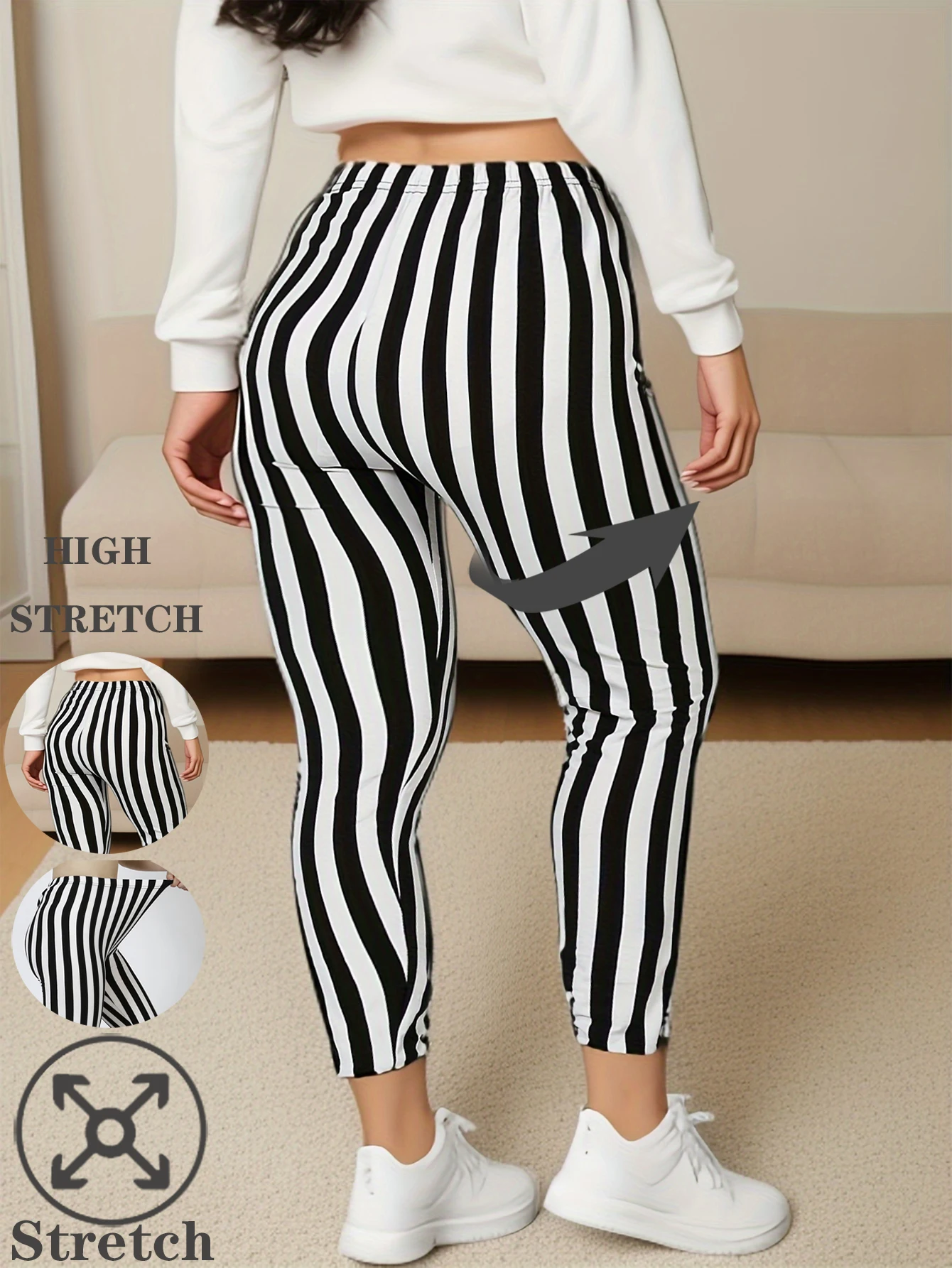 CUHAKCI Plus Size American Fashion Black And White Vertical Stripe Bottom Pants Plus Size High Elasticity Casual Simple Pants