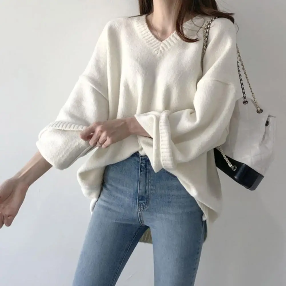 Fall Winter Women Sweater Knitted Loose Warm Pullover Sweater Thick Long Sleeves Cozy Mid Length Lady Sweater