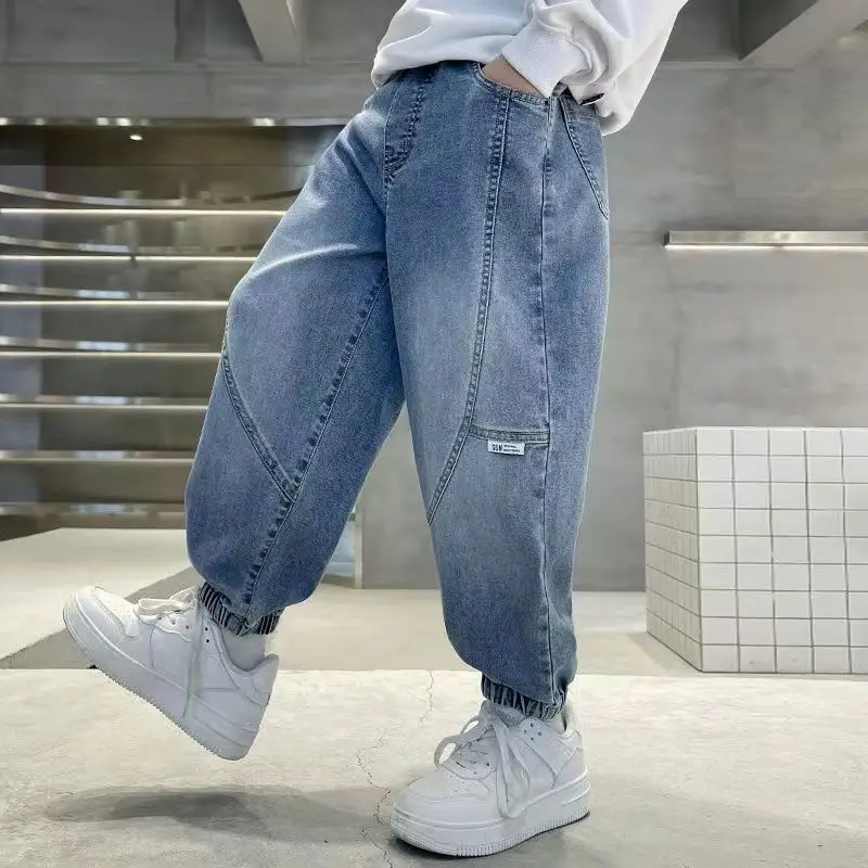 Boys Denim Jeans Spring Autumn Thin Casual Loose Handsome Patchwork Elastic Cuff Harem Pants Kids Trousers