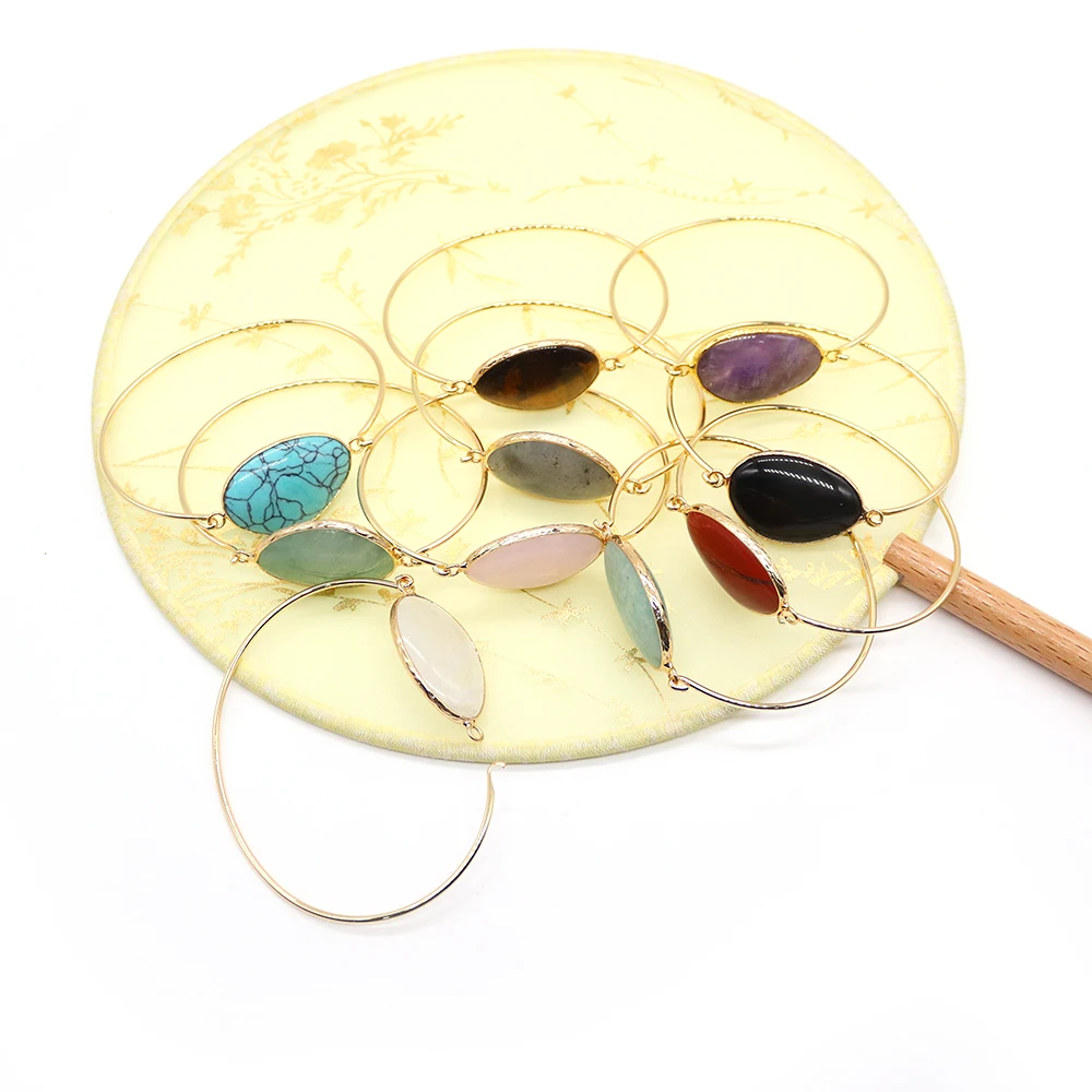 Fashion Gold-Plated Women's Open Bangle Bracelet With Inlaid Polished Natural Stone Amethyst Green Aventurine Jewelry Gift 1pc #4