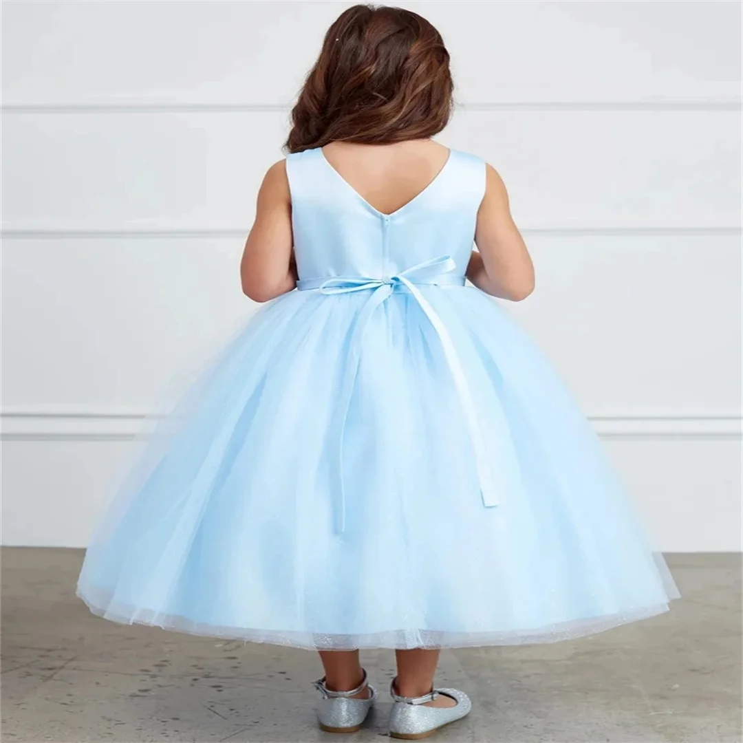 Customized Sky Blue Flower Girl Dress Tulle Floral Appliques Sleeve For Wedding Birthday Evening Prom Banquet Princess Gown