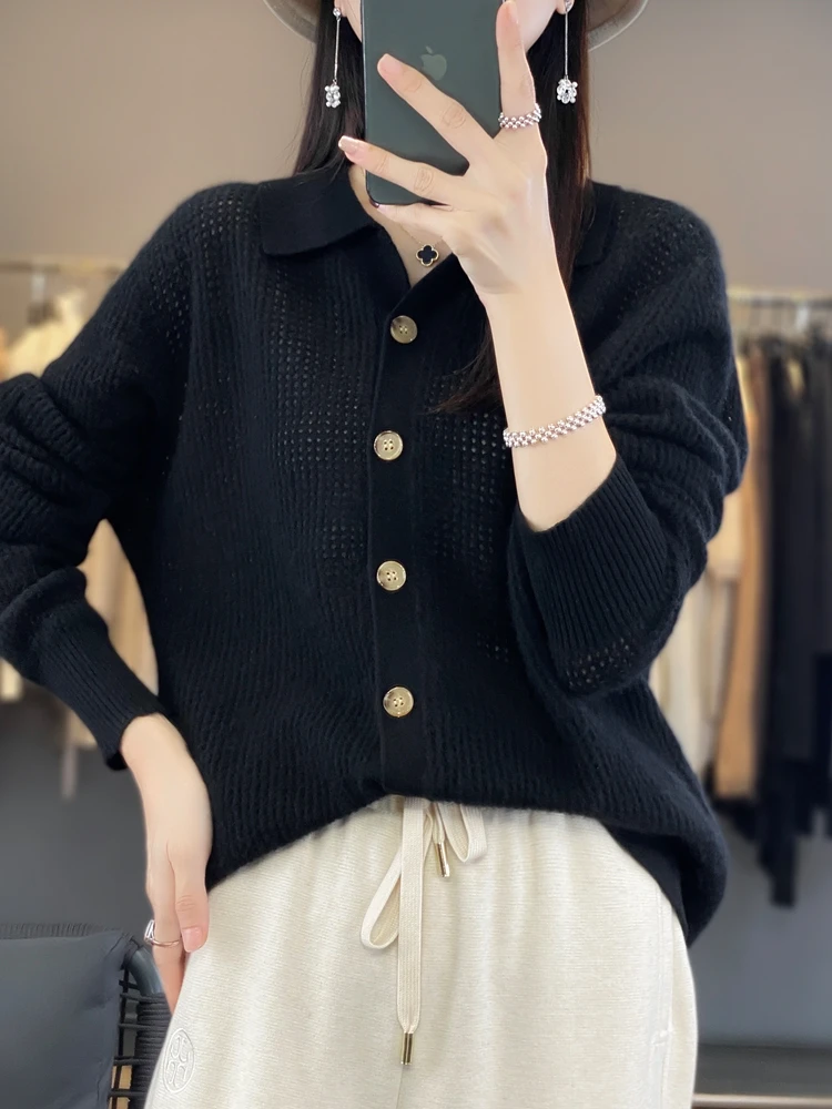 Addonee Women\'s Autumn Clothing Turn-down Collar Cardigan Sweater 100% Merino Wool Hollow Blouse Cashmere Knitwear Korean Style