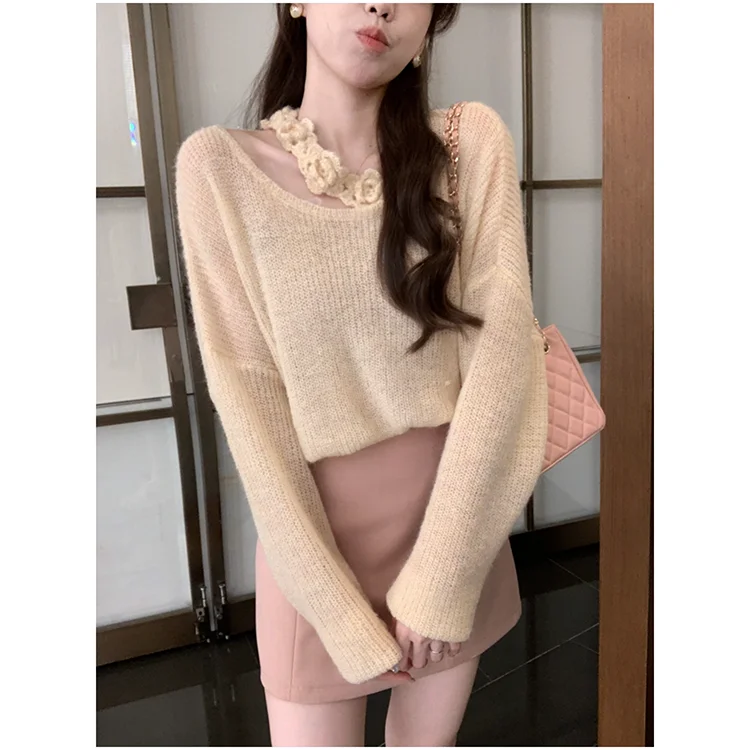 

Anli Floral Side Ne Loose Thin Knitted Sweater Sweet Sle Regular Fit Long Sve V-Ne Knitwear for Women