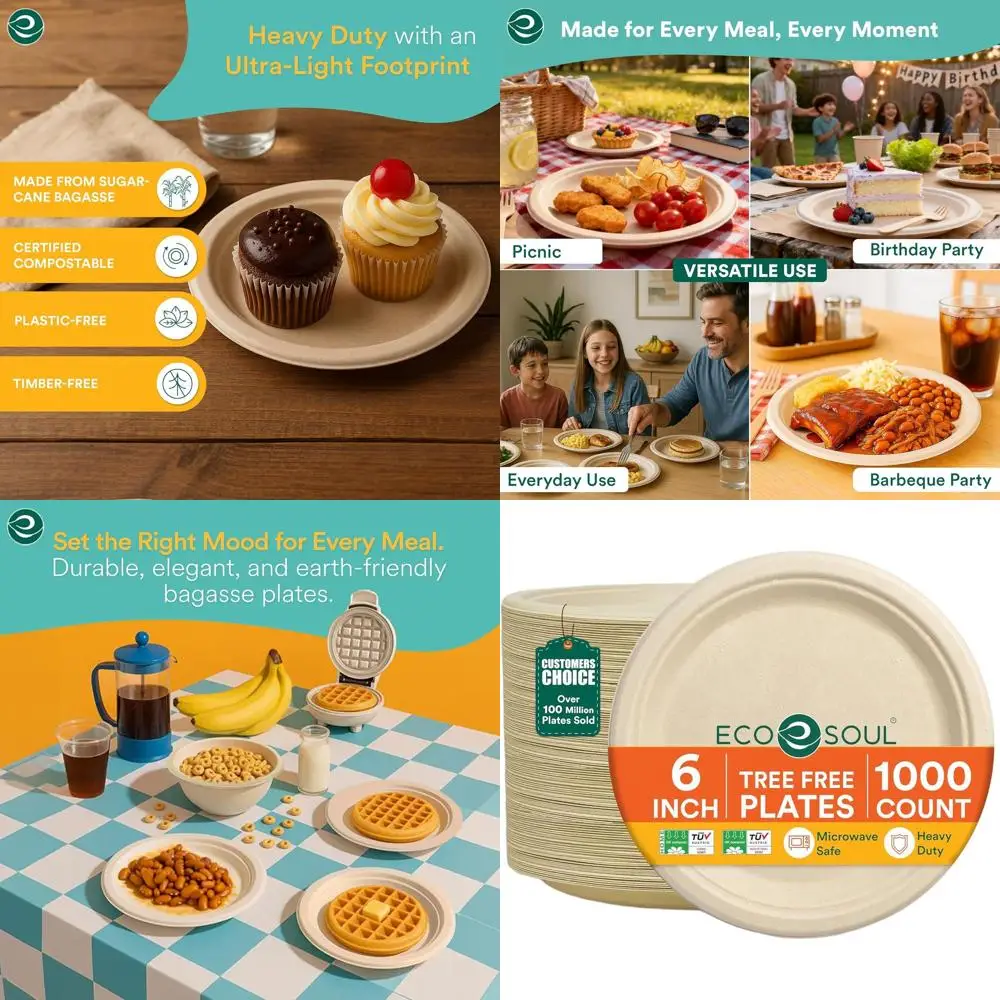 

Eco-Friendly 6 Sugarcane Plates (1000 Pack) - Heavy Duty, Natural Brown for Thanksgiving Dessert & Appetizers