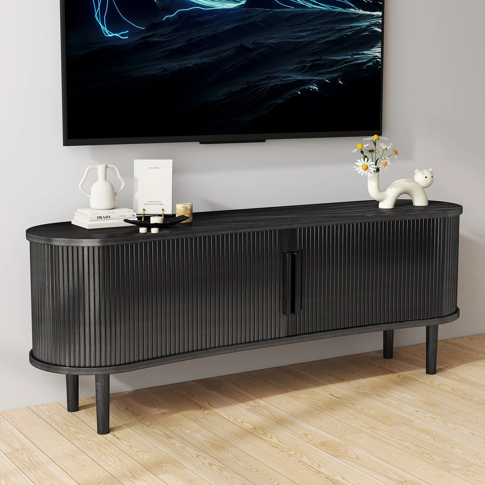 TV Stand MDF Mid Century Modern Media Console Table Entertainment Center with Storage Handle Door for Living Room Office