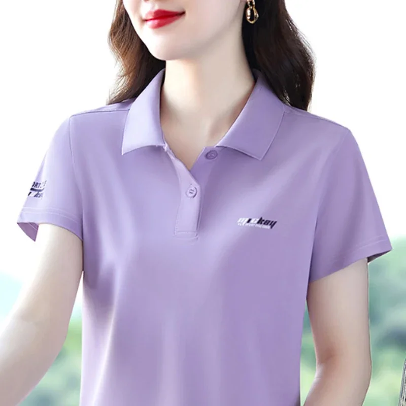 Ice Silk Fabric T-shirt Summer Cool Basic Top Women T-shirts  Short Sleeve Casual Lapel Tee loose Tops Quality Golf Clothes