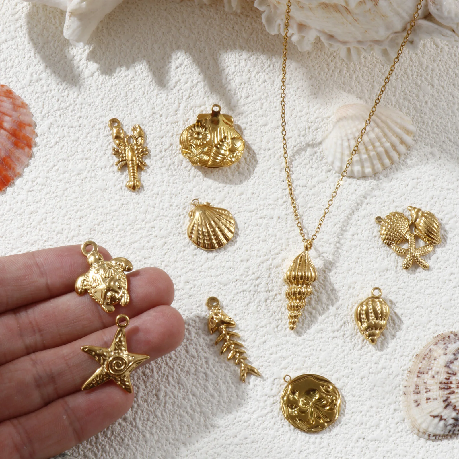 2pcs Mini Stainless Steel Charms Gold Color Ocean Shell Tortoise Fish Pendants For Women DIY Necklace Earrings Jewelry Findings