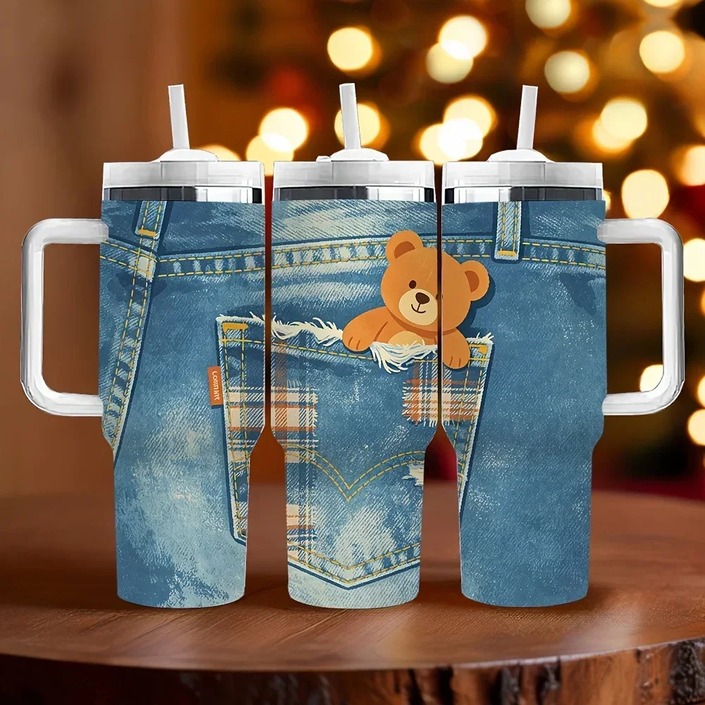 40Oz Insulated Tumbler with Handle, Cute Teddy Bear Denim Pocket Print, Long-Lasting Temperature Retention, Perfect Holiday And Birthday Gift for Daily Use And Outdoor Travel