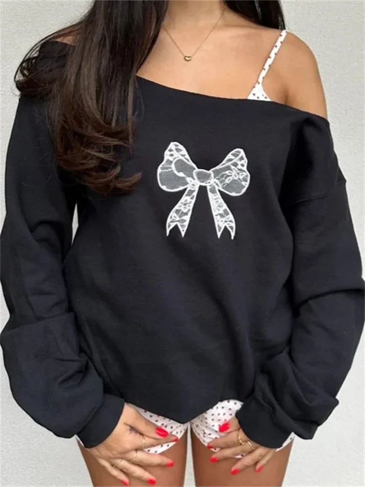 

hirigin Women Off Shoulder Sweatshirts Bow Print Loose Long Sleeve Pullovers Casual Fall Workout Tops Autumn Streetwear 2024