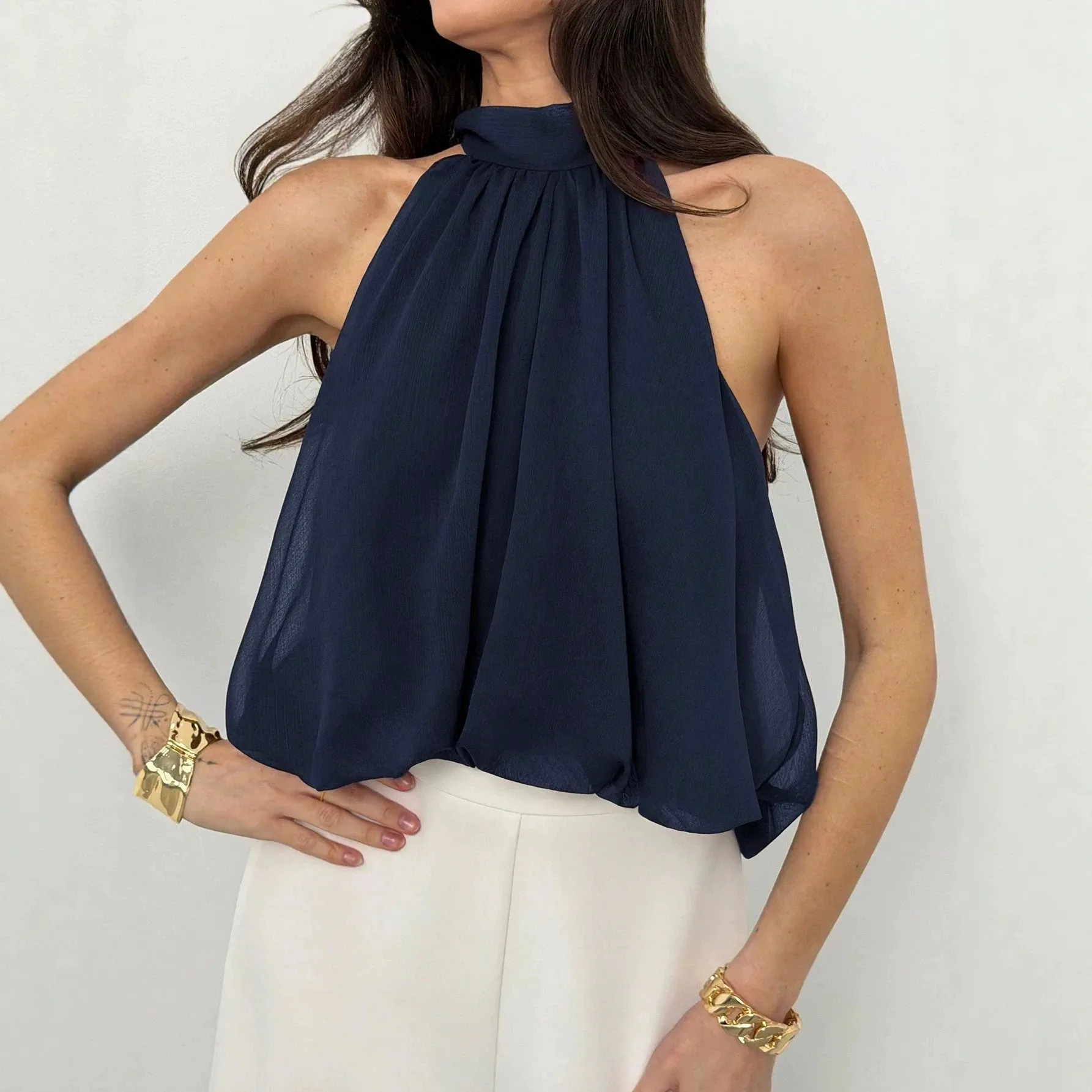 Sleeveless Woven Top Flared Elegant with Scarf Neck Tie Detail Flared Hem Dominatrix Style Private Celebrity Style Top Women