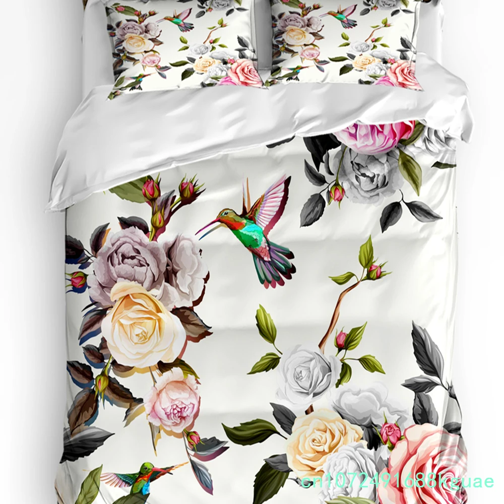 Watercolour Rose Peony Bird Printed Comfort Duvet Cover Pillow Case Home Textile Quilt Cover Boy Kid Teen Girl 3pcs Bedding Set