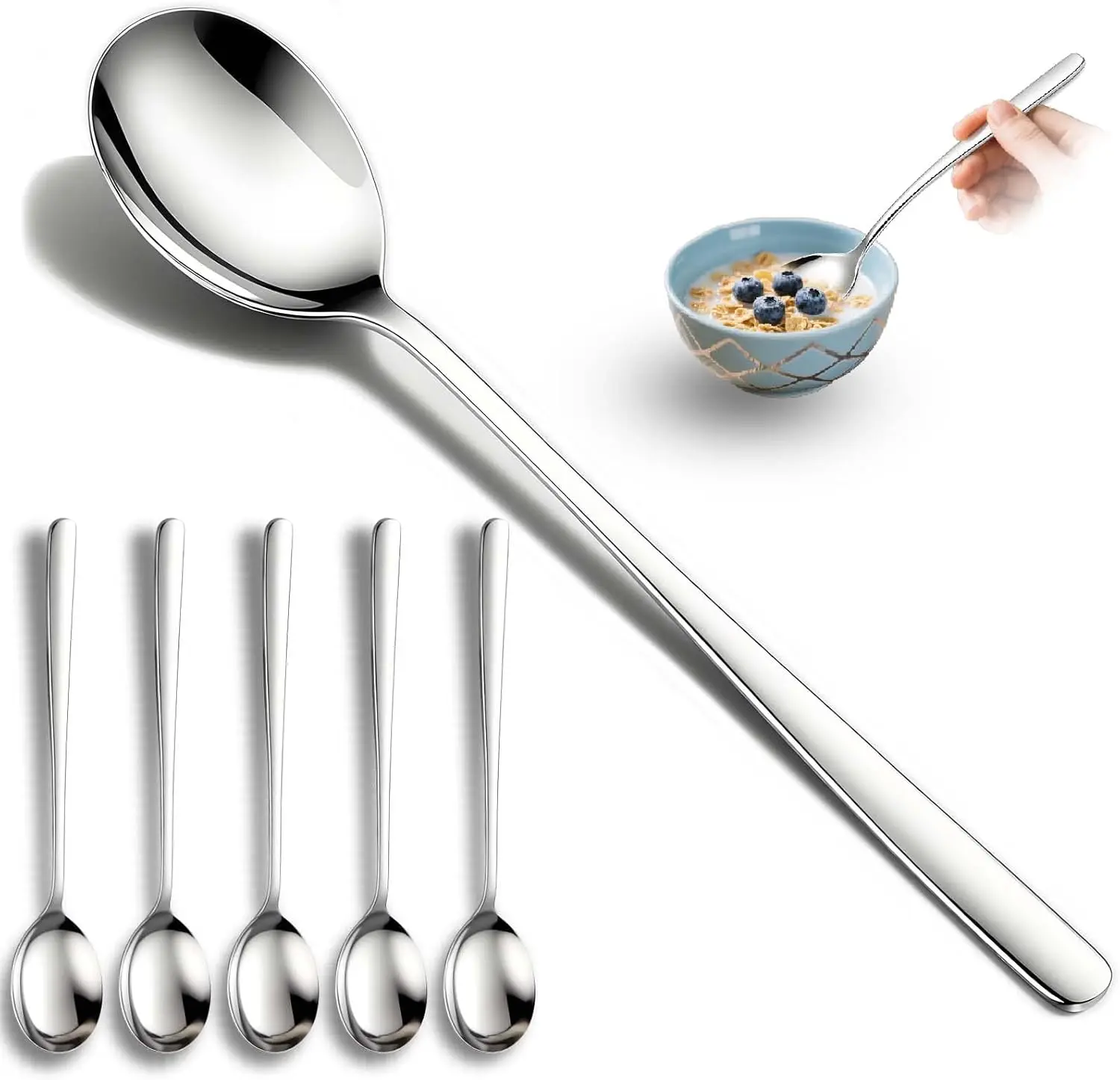 

Набор из 5 премиальных корейских ложек для супа, 8 дюймов, с длинной ручкой из нержавеющей стали, для домашней кухни