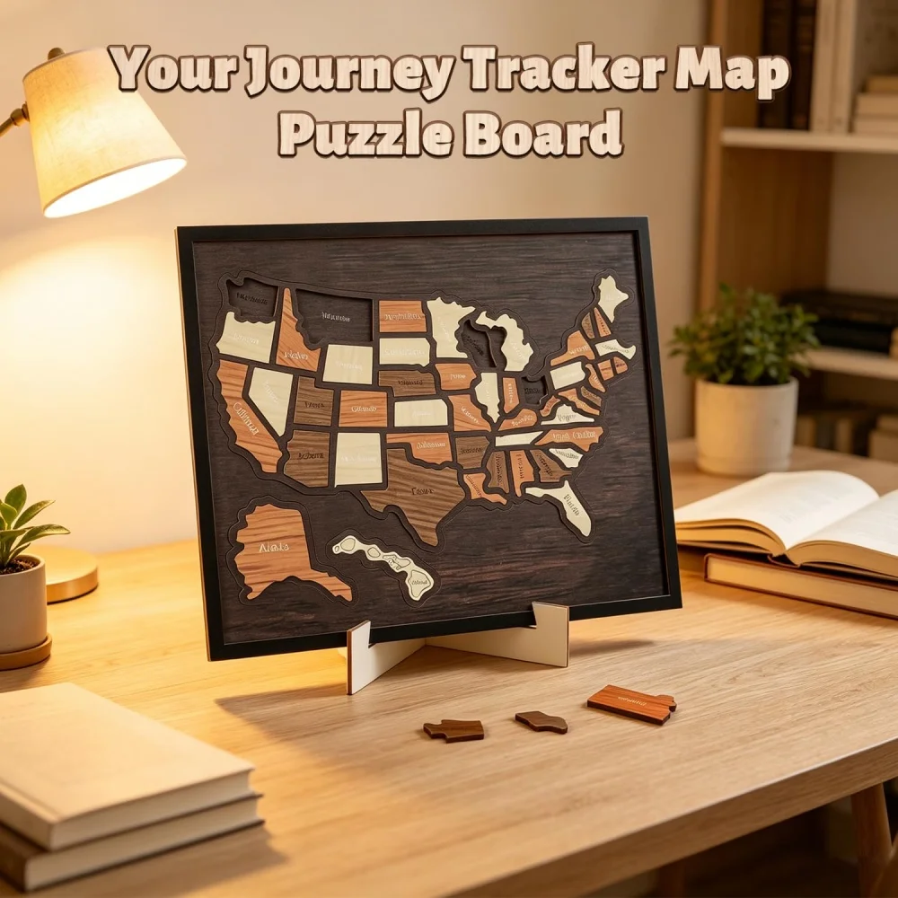 Personalized Custom Engraved Wooden USA Travel Map Puzzle, Journey Tracker Pin Board Map, Custom Text Travel Souvenir Gift