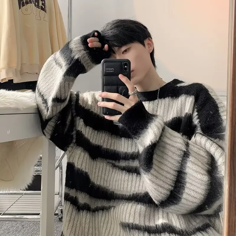 Cross-Border Color Blocking Striped Angora Sweater For Men Vintage American Style Knitted Top Loose-Fit Round Neck Inner