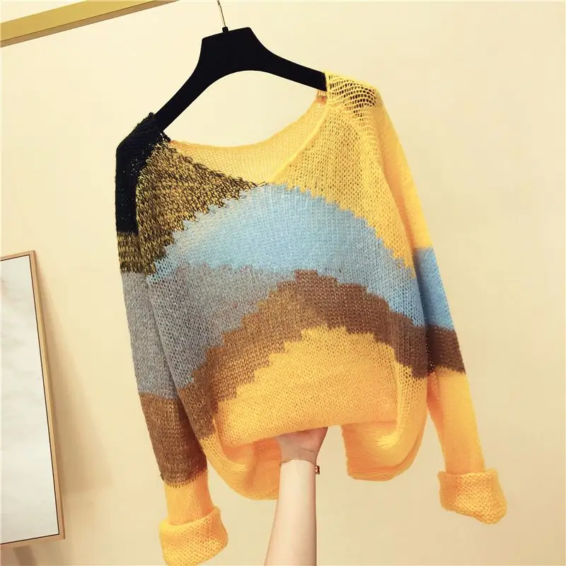 2024 Autumn/Winter Korean Edition Simple Fashion Casual Knitted Sweater Long Sleeve Loose Color Blocking Women\'s T-shirt Top