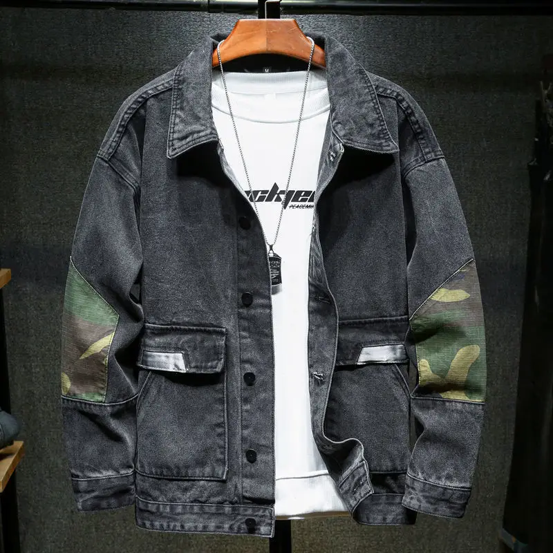 

Jackets Men's Jeans Jacket Camouflage Stitching Denim Jacket Loose Plus Size Motorcycle Jacket Streetwear Original Men's Coat