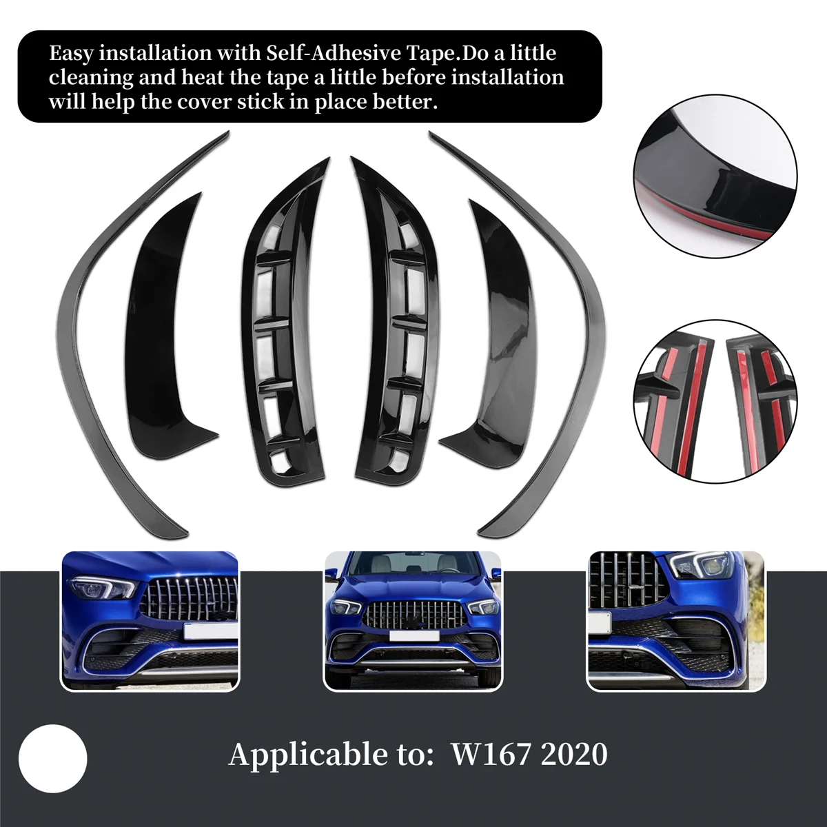 #86M Car Bumper Splitter ,6Pcs Car Front&Rear Bumper Splitter for W167 2020 AMG Gloss Black (Bright Black)