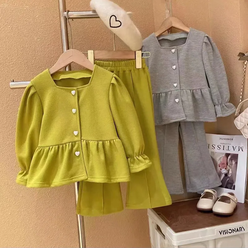 Girls' Spring Suit 2024 New Baby Girl Foreign-style Ruffle Leaf Edge Long-sleeved Jacket Flared Pants Temperament Two-piece Set