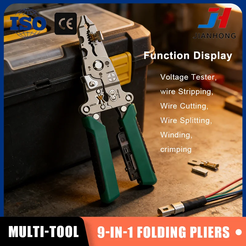 9-in-1 Foldable Wire Stripping Pliers Multifunction Electrician Tool USB Rechargeable Voltage Tester Cutting Crimping