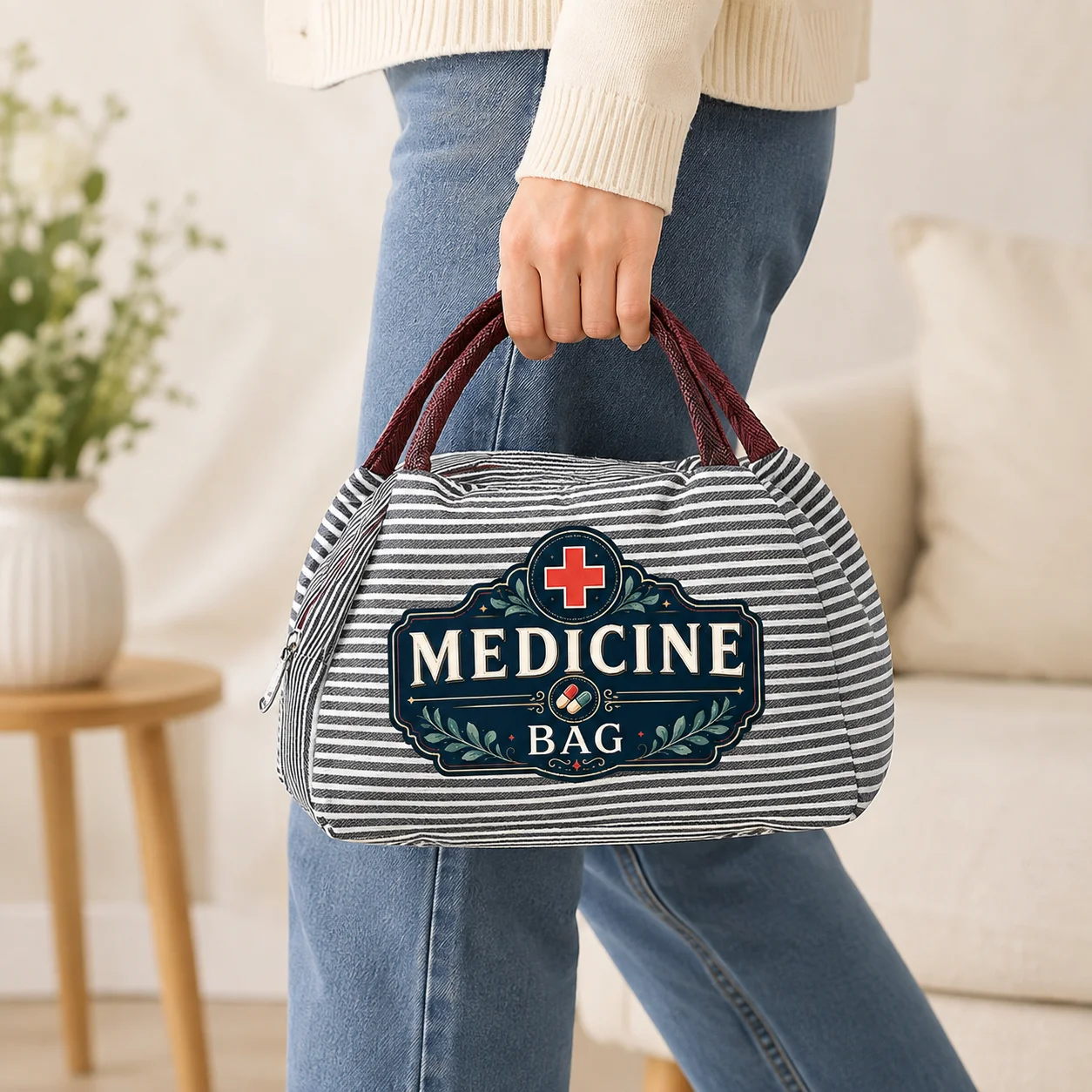Striped Travel Cosmetic Bag, Portable Multi‑Purpose Storage Pouch, Medicine Toiletry Organizer Handbag for Daily & Vacation Use
