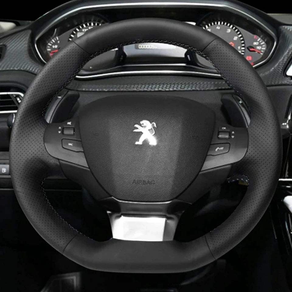 DIY schwarze Leder lenkrad abdeckung für Peugeot 2014 2014-2018 Mikro faser Leder Lenkung Wrap Autozubehör – Detail 1