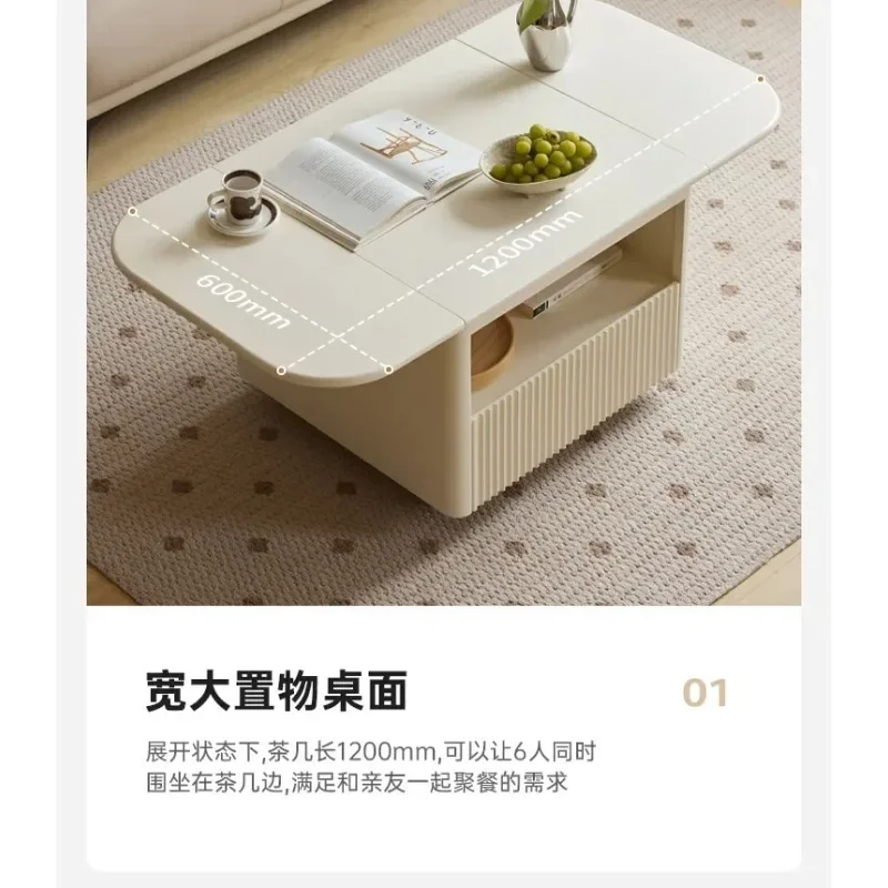 A Nordic Light Luxury Solid Wood Folding Coffee Table Living Room Small Apartment Cream Style Movable Tea Table