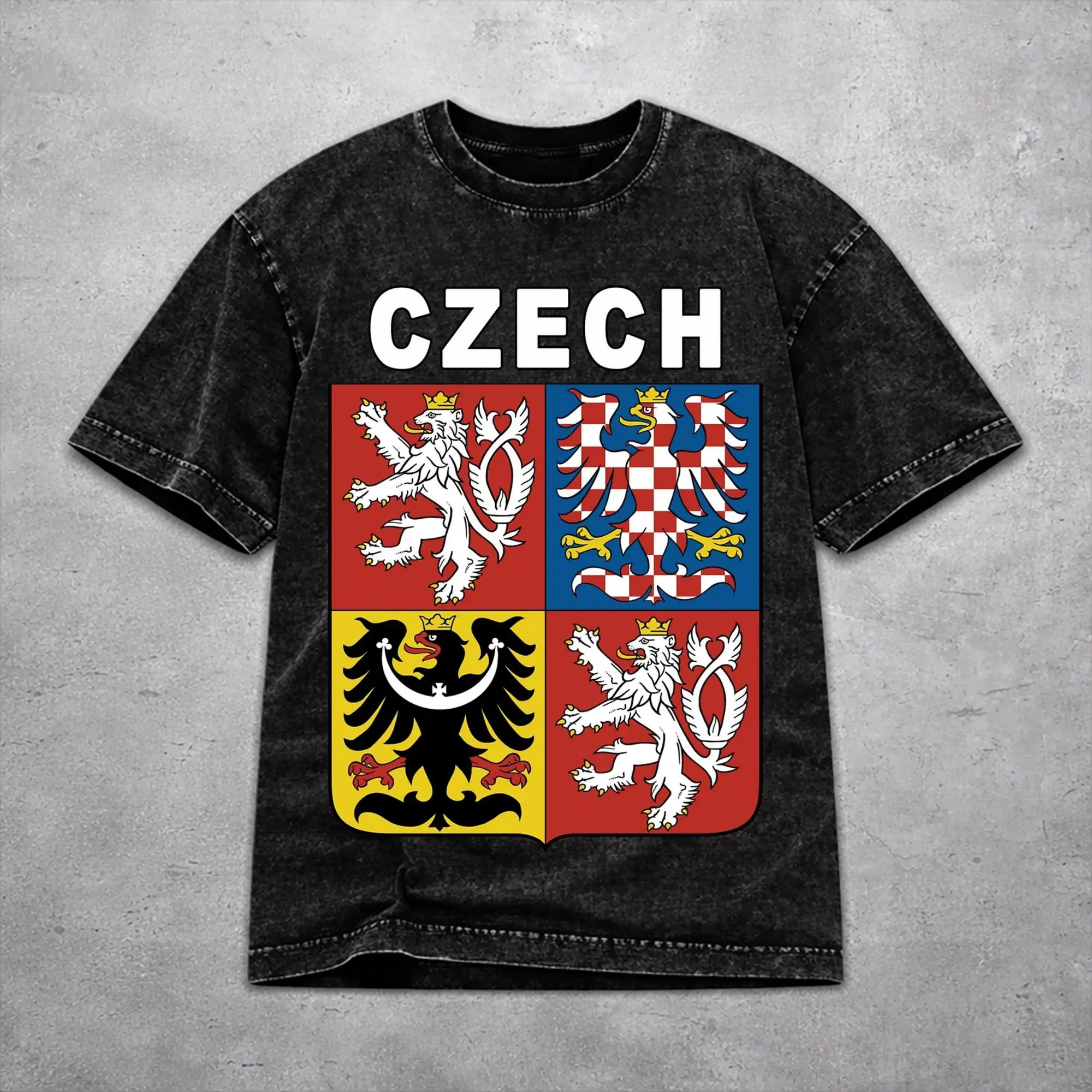 Women Men Czech Republic Coat of Arms T Shirt Graphic Printed Washed Vintage  Casual T-Shirts