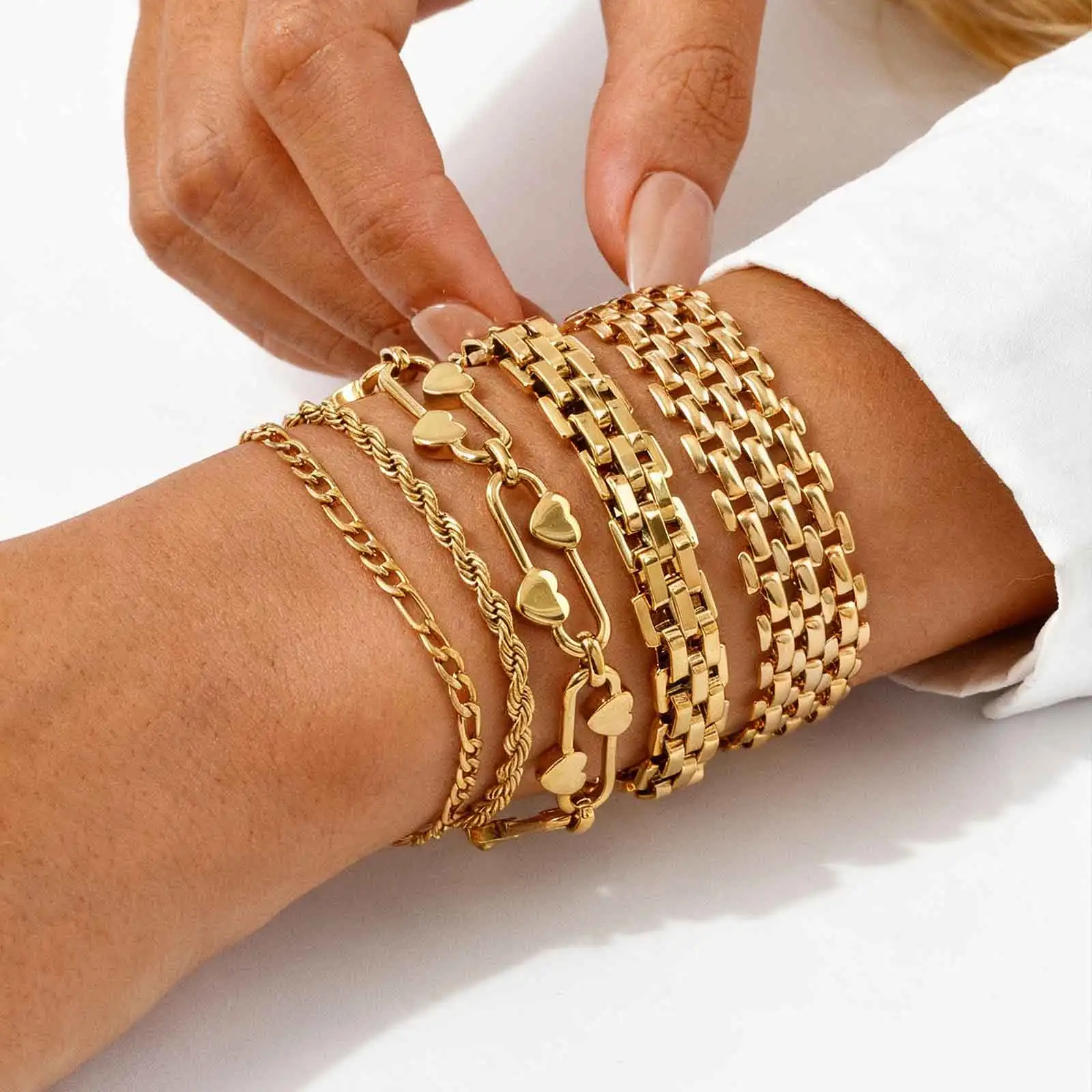 Fashion 316L Stainless Steel Link Chain Bracelet for Women, 18K Gold Plated Stackable Chunky Statement Bangle Waterproof Jewelry