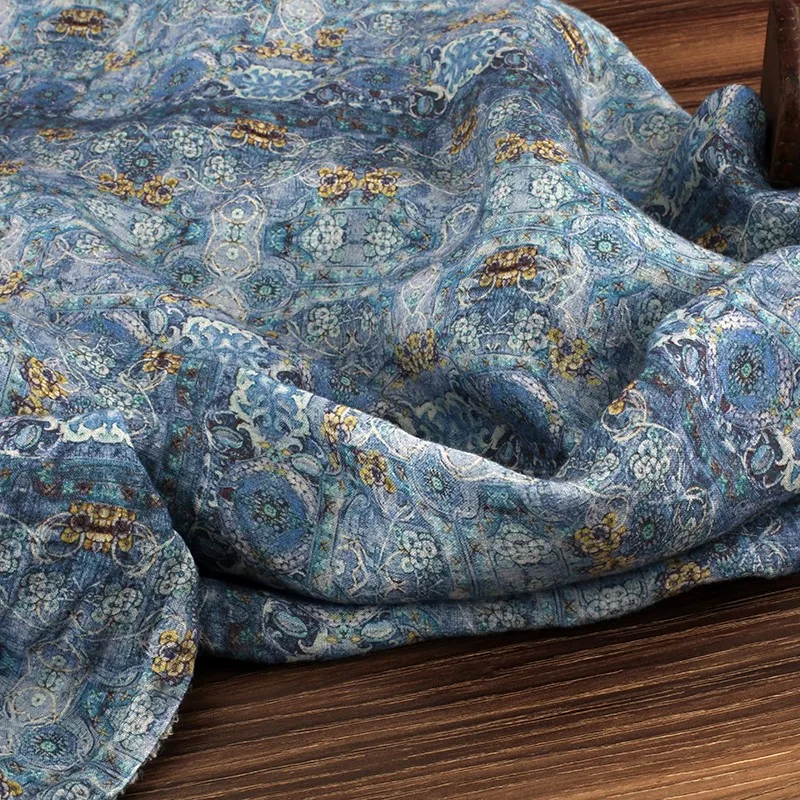 Tela con estampado de lino lavado a la piedra, Cheongsam chino, ropa Retro Han, elegante, azul